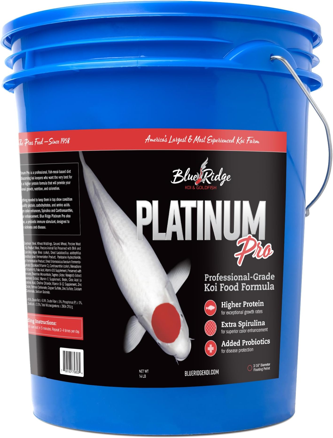 Blue Ridge Koi Fish Food 14lb - Koi Food 3/16” Platinum Pro Formula Goldfish Food, Premium Fish Food for Ponds, Ponds Fish Food, Floating Pond Pellet