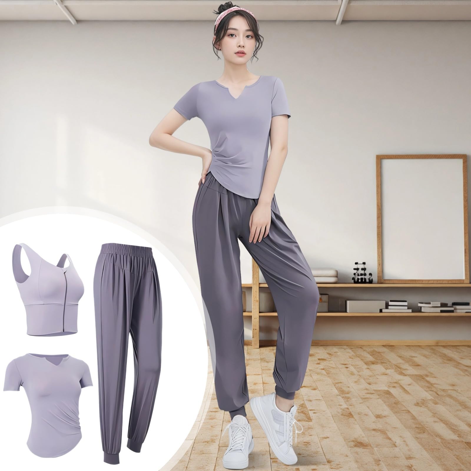Set da allenamento da donna XXL, include canottiera, maglietta con orlo a nodo e pantaloni a vita alta per 135-150, abbigliamento sportivo ad asciugatura rapida,