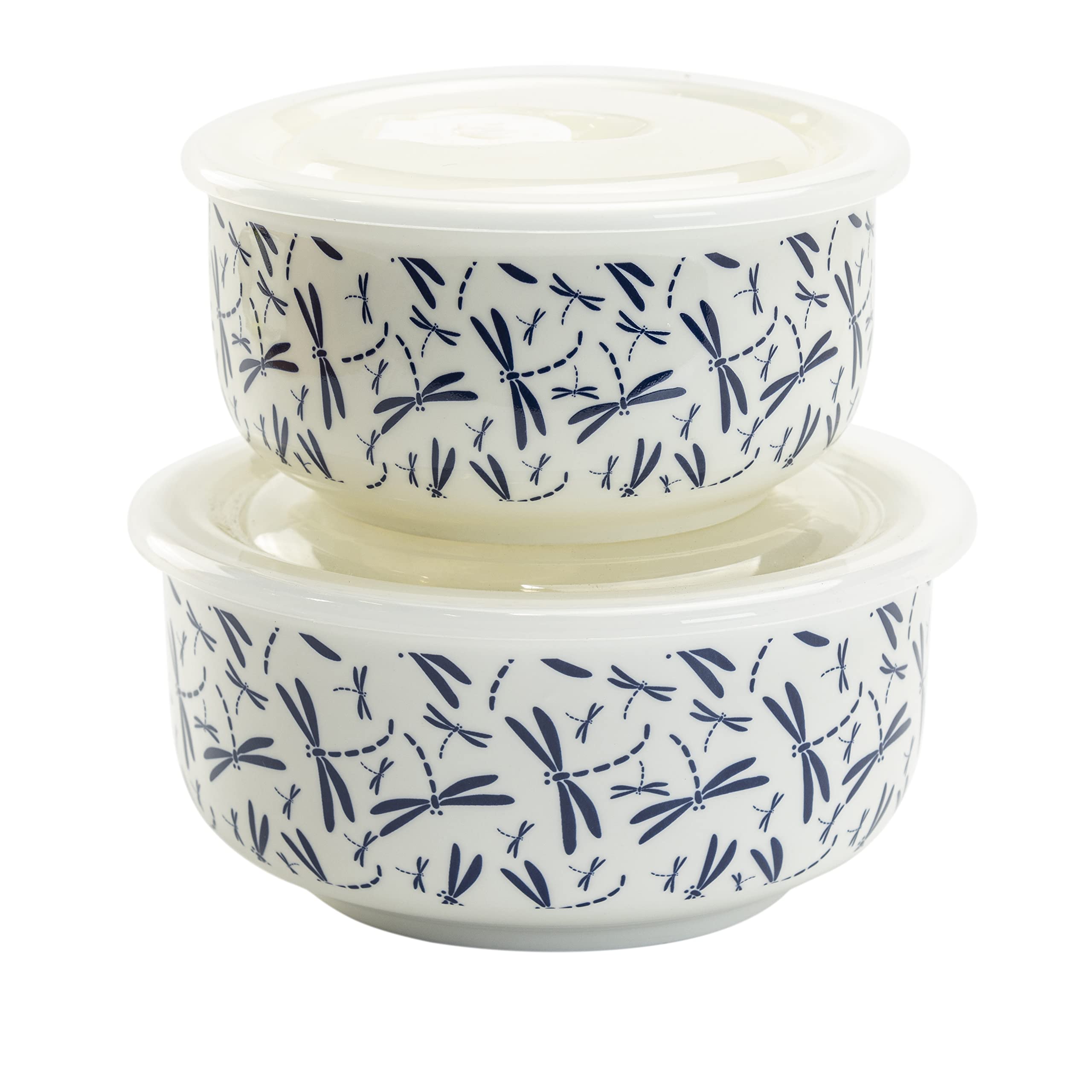 Grace TeawarePantry Nested Porcelain Storage Bowls With Vented Lids, Large and Medium 2-Piece Set, (Dragonflies Dark Blue)