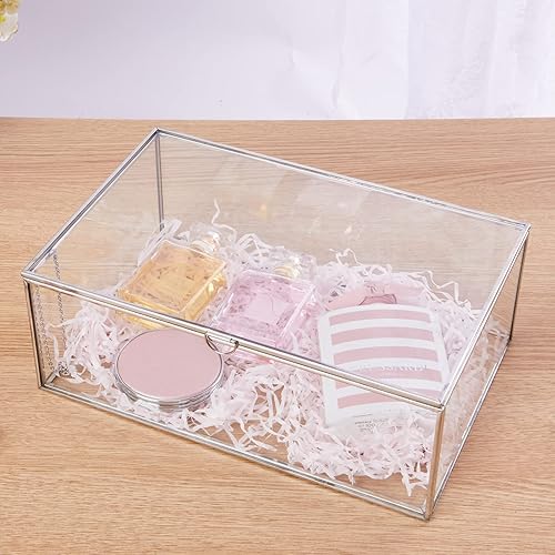 Miniatura 4 de WHSLILR Joyero de cristal de 10.8 pulgadas con tapa con bisagras, caja de recuerdo de acero inoxidable para almacenamiento de tarjetas de boda,