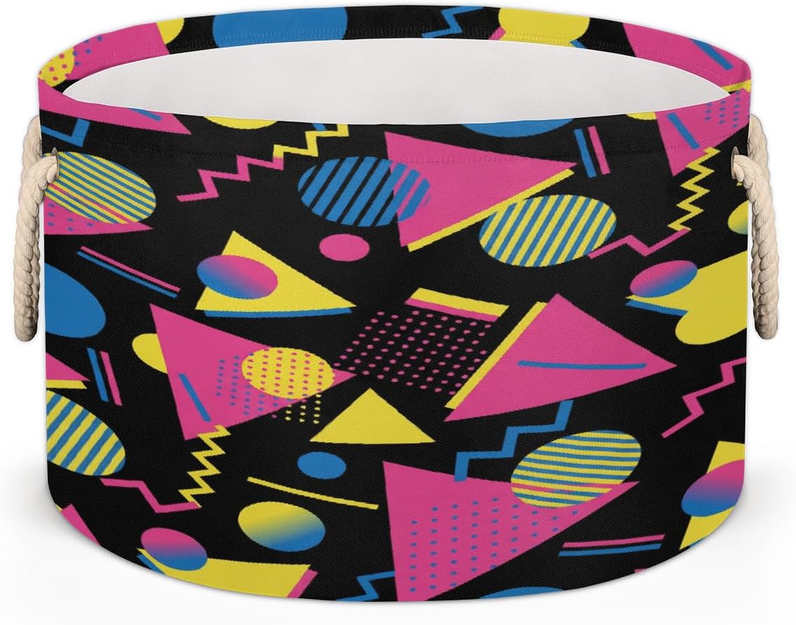 Large Storage Baskets - Retro 80s Nursery Round Collapsible Organizer Bin Box Laundry Hamper for Kids Toys, Blanket, Bedroom Living Room Home Decor, Gift Basket, 19.4"x13.3"