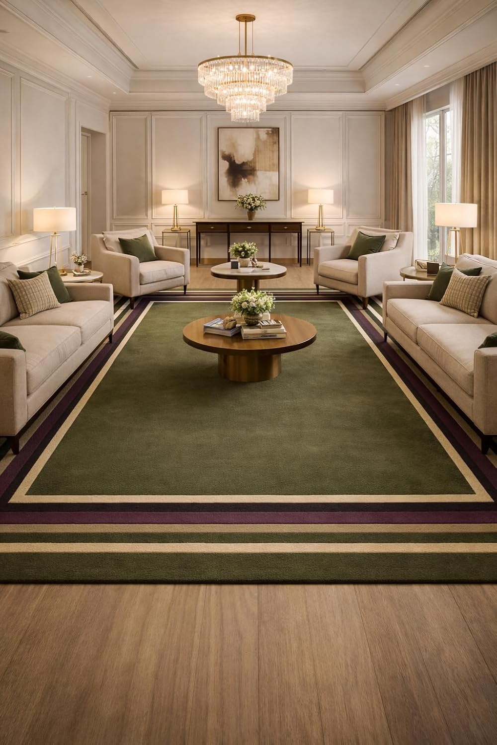 Area Rug with Border Design, Green Purple Beige, Geometric Frame Pattern, Modern Contemporary Style (9 * 10 feet)