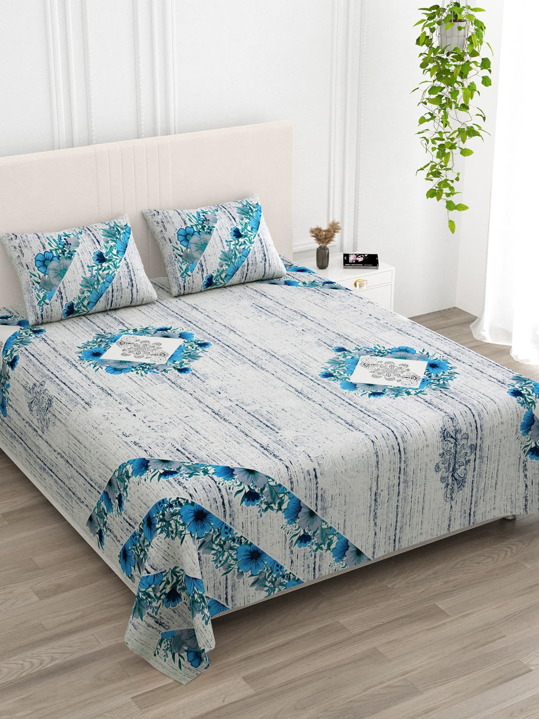 Qfab Floral Print Bedspread Set with Pillow Covers, 100% Cotton, 108 x 108 Inches (Blue)