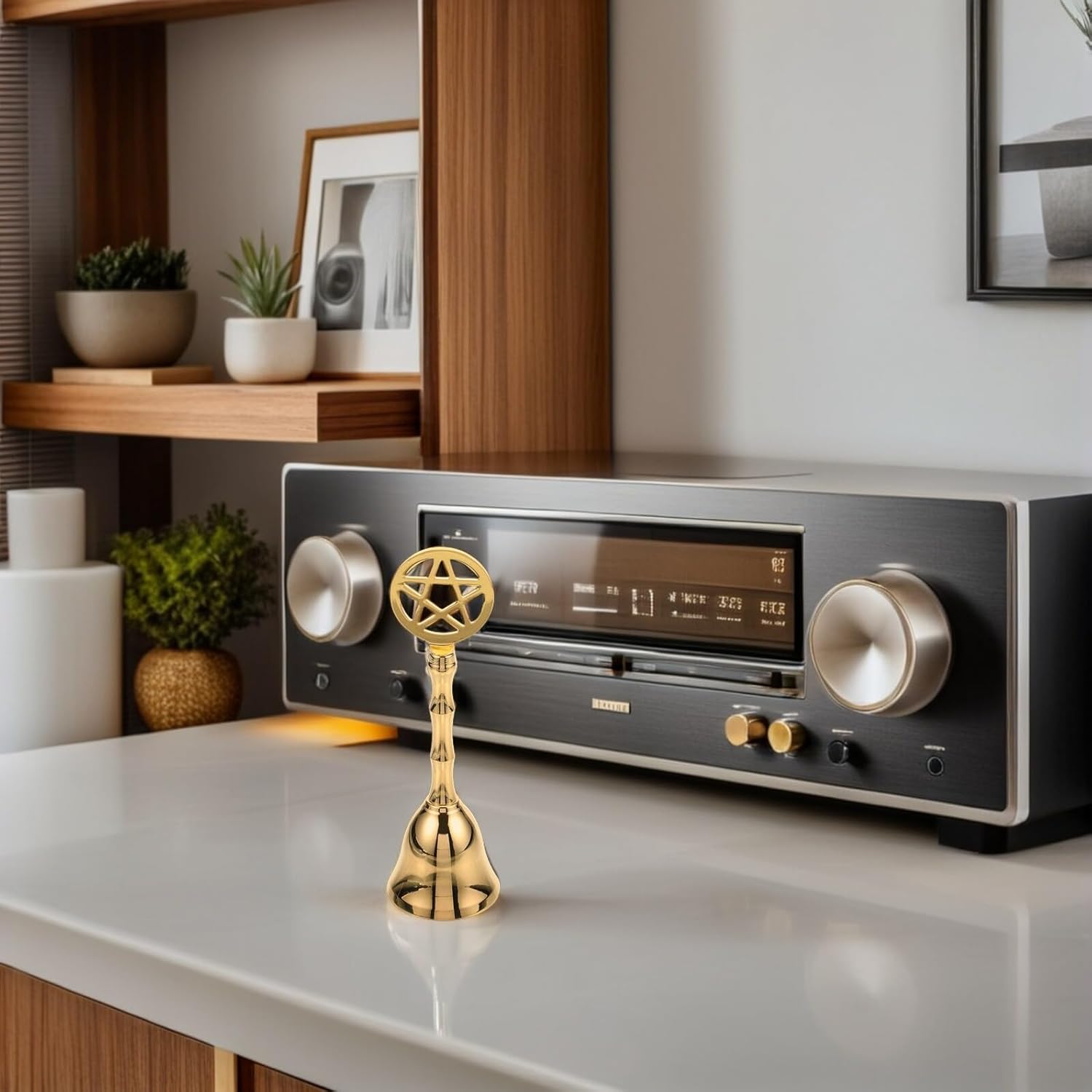 Pentagram Brass Hand Bell 2pcs Set, Loud Metal Ritual Altar Bells with Handle for Meditation, Classroom, Restaurant Service, and Tarot Ceremony Decoration