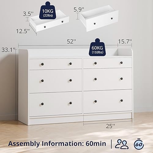 Miniatura 3 de Cozy Castle Cómoda de 6 cajones para dormitorio, cómodas grandes de madera y cajoneras de 52 pulgadas de largo, moderno armario de buffet con