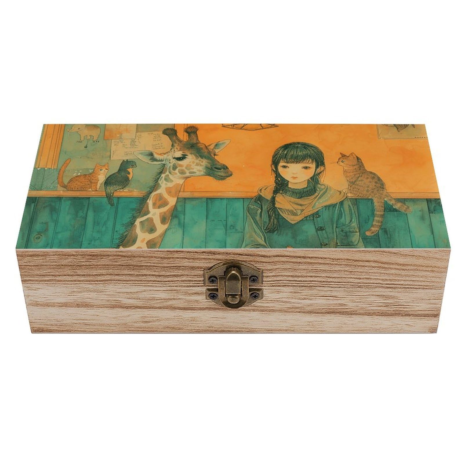 HLBSDM Vintage Wooden Storage Box Giraffe And Cat Keepsake Box for Jewelry Photos Letters Elegant Desktop Organizer for Home Office Decor