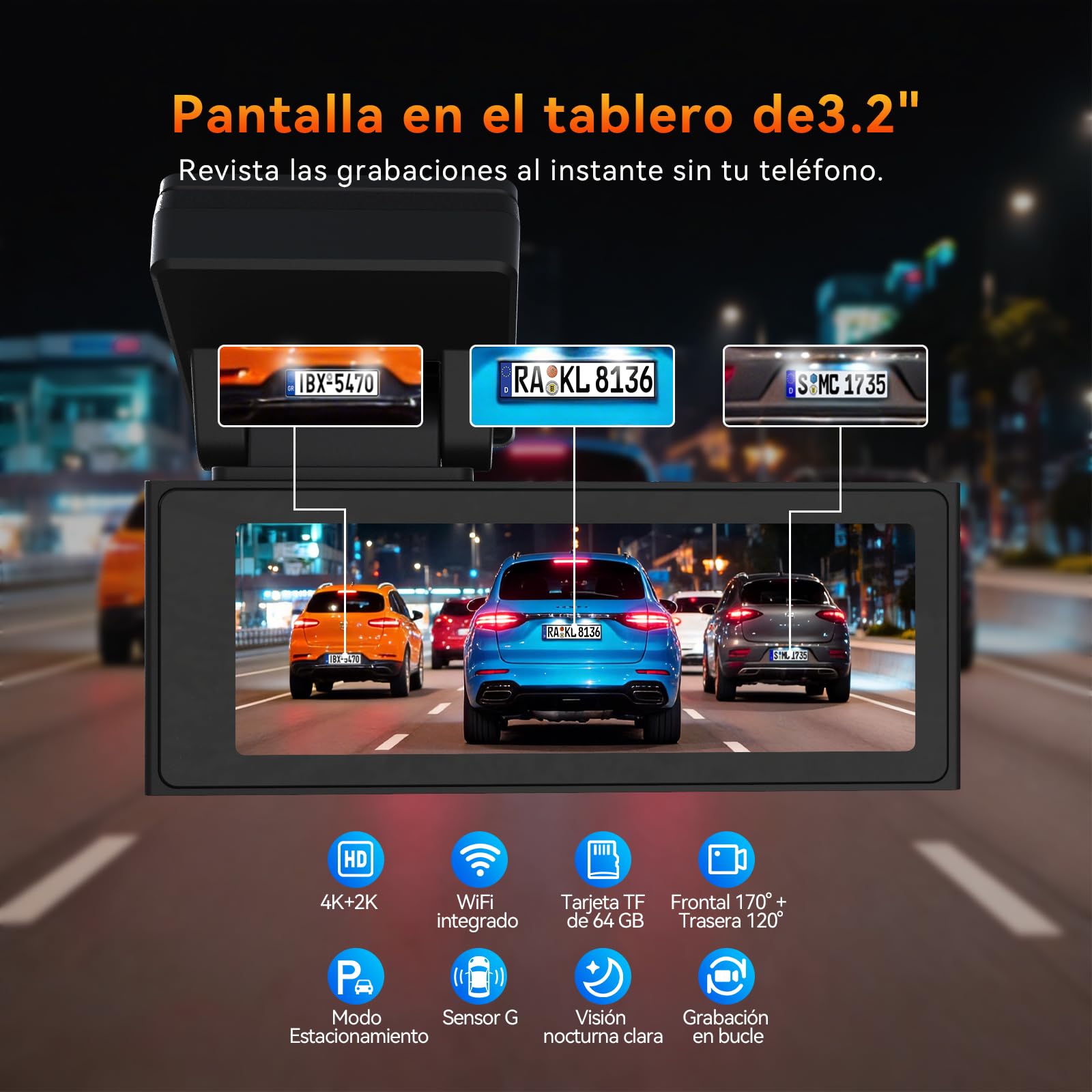 Dashcam 4K+2K – Cámara Coche Grabadora WiFi 5GHz con Tarjeta 64G, Cámara de Coche Frontal y Trasera, Grandangolo 170°+120°, Grabación en Bucle, Visión Nocturna WDR, Aparcamiento 24h, Sensor G