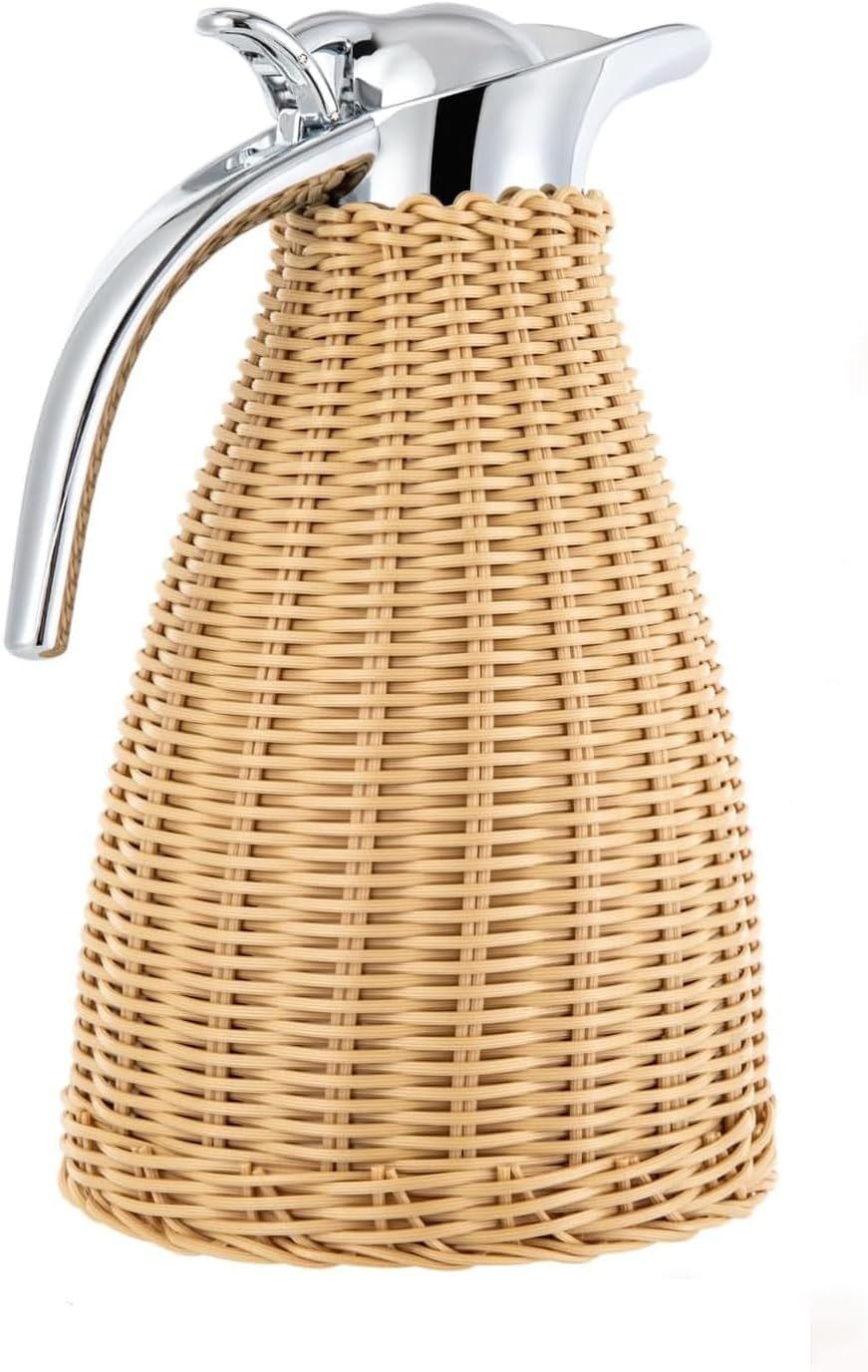 51 Oz Thermal Coffee Carafe with Faux Rattan Protector, 1.5L Drop-Resistant Stainless Steel Thermal Carafe for Tea, Water and Coffee