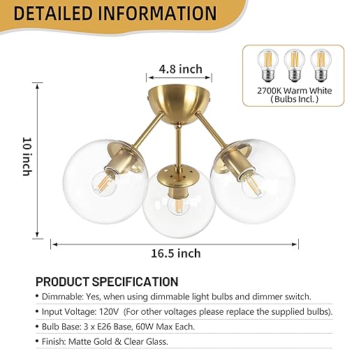 Miniatura 4 de Lámpara de techo semiempotrada moderna de mediados de siglo, 3 luces de cristal transparente, lámpara de techo moderna de globo dorado de latón