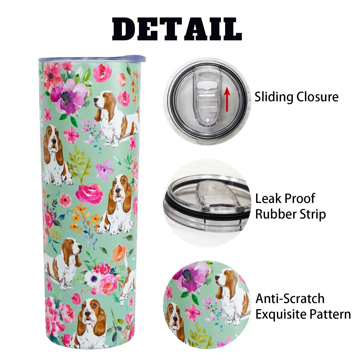 Basset Hound Gifts for Women Cute Dog Tumbler Coffee Cup for Women Basset Hound Travel Mug 20 Oz Stainless Steel Insulated Water Bottle With Lid and Straw