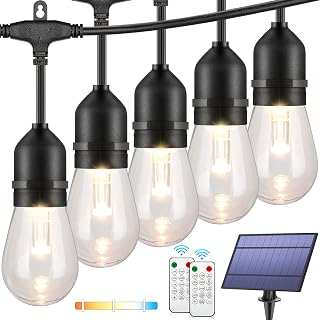 3-Color in 1 Dimmable Solar String Lights Outdoor,48ft LED Patio String Lights with Remotes,15 Hanging Sockets,Waterproof Shatterproof,Warm White Daylight White Lights for Backyard,Garden