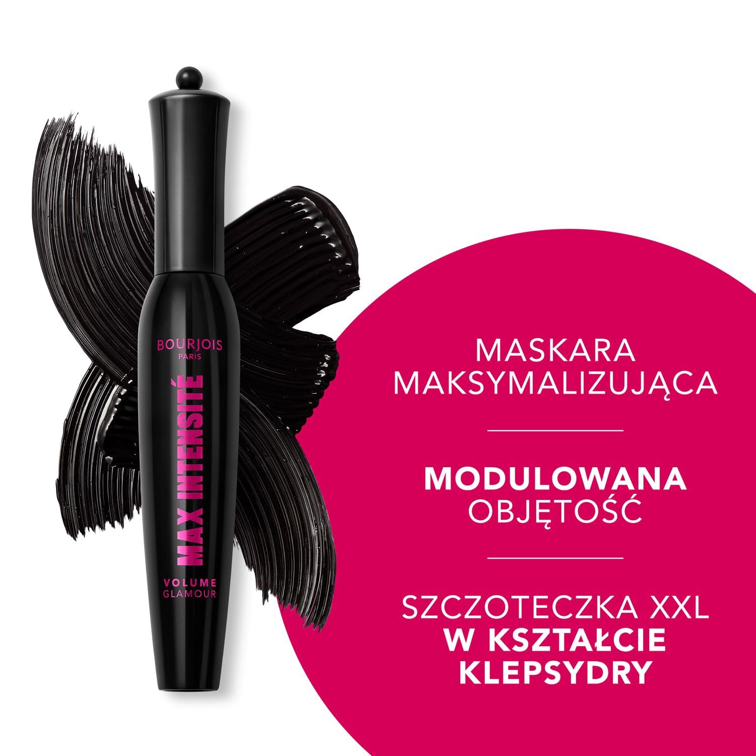 Bourjois Glamour Max Intensywność, 01 czarny, tusz do rzęs, nieograniczona objętość do budowania, maksymalna szczotka klepsydowa do budowy objętości, technologia zmywania plam, wolna od skoku, 12 ml