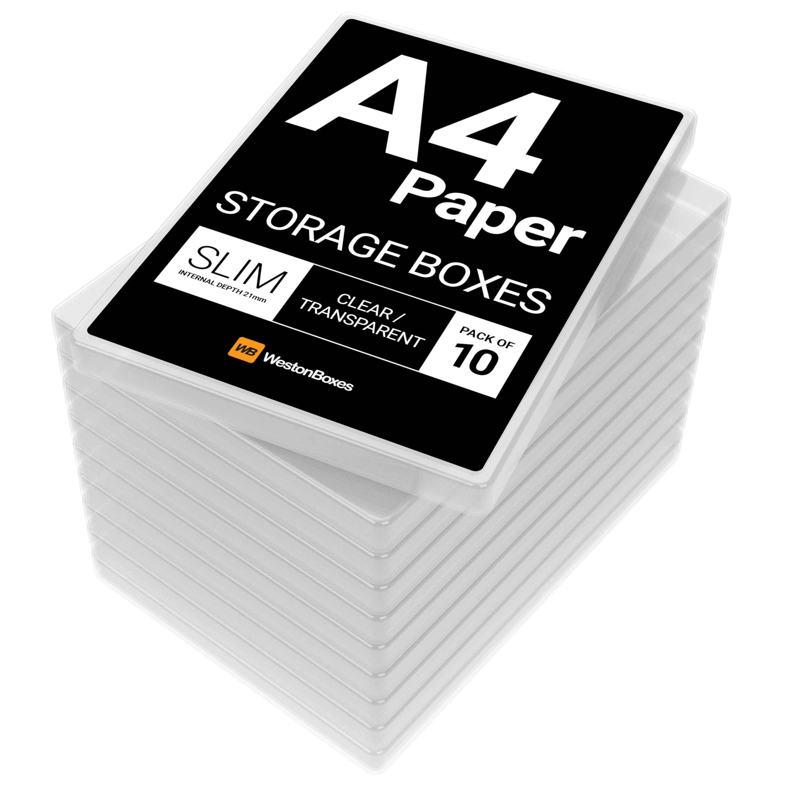 WestonBoxes A4 Slim Plastic Presentation or Storage Boxes with lids for A4 Paper and Card (Clear, Pack of 10) โ image 1