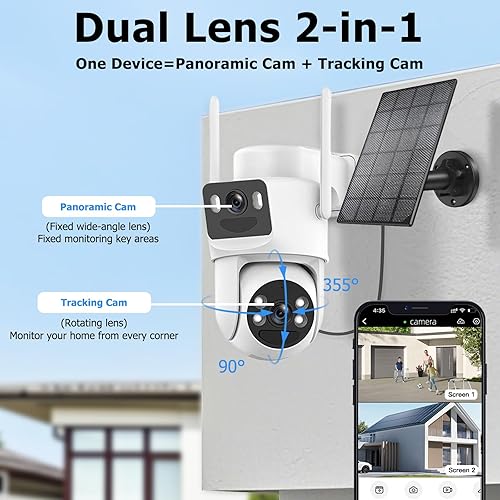 Miniatura 3 de Kurain Cámara de seguridad solar inalámbrica de 6 MP para exteriores, WiFi 2.4G y 5G, panorámica y de seguimiento de doble lente 2 en 1 para