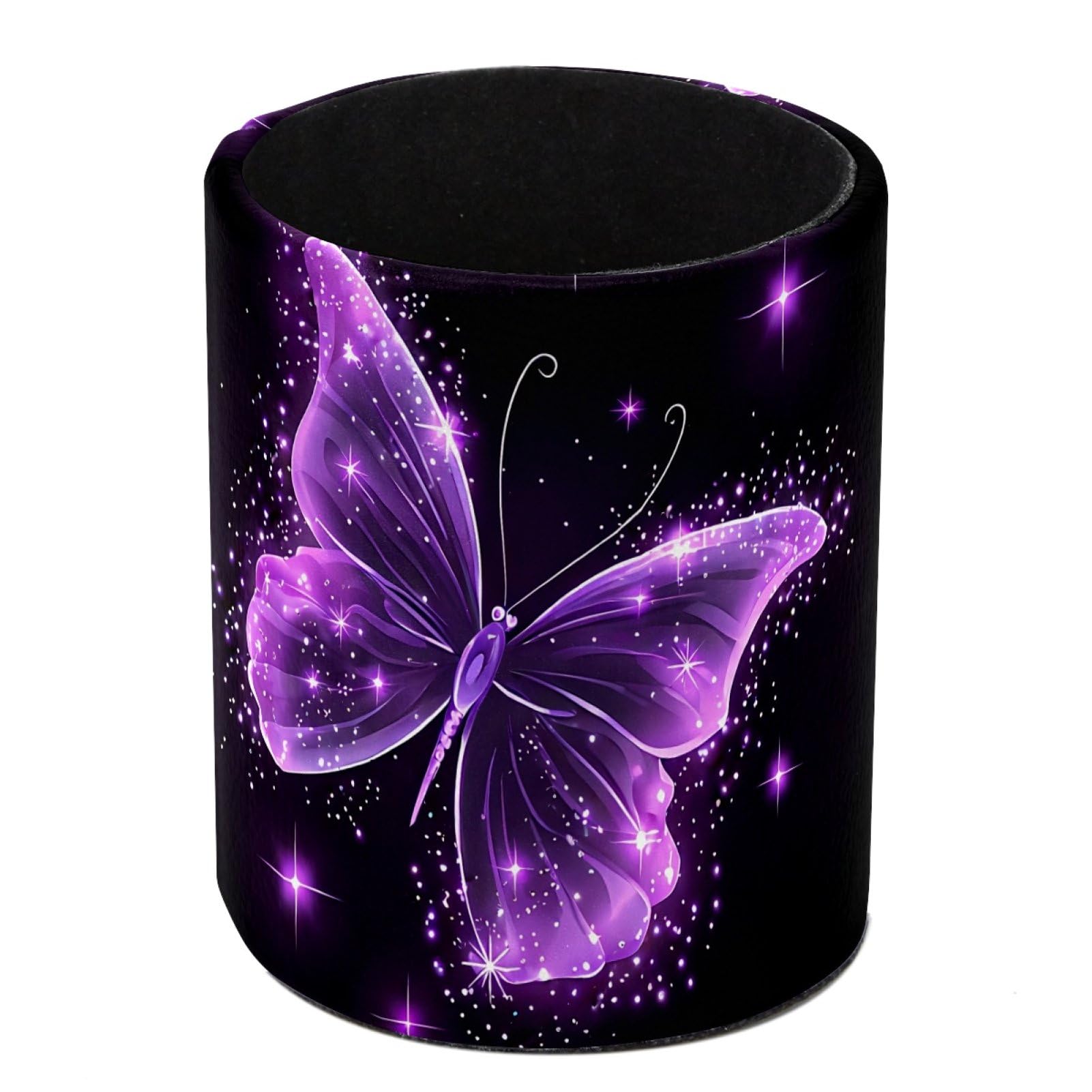 Luoweisi Sparkling Purple Butterfly Pen Holder for Desk, Leather Pen Pot, Desk Pencil Holder Round Makeup Organiser Home Office School Suppliers