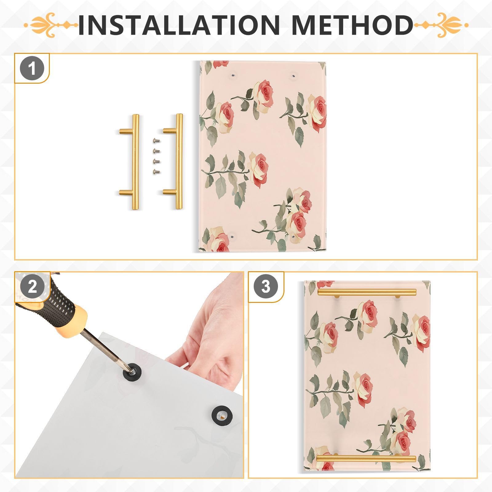 BOESI Watercolor Roses Tray, Tray with Handles, Countertop Organizer, Decorative