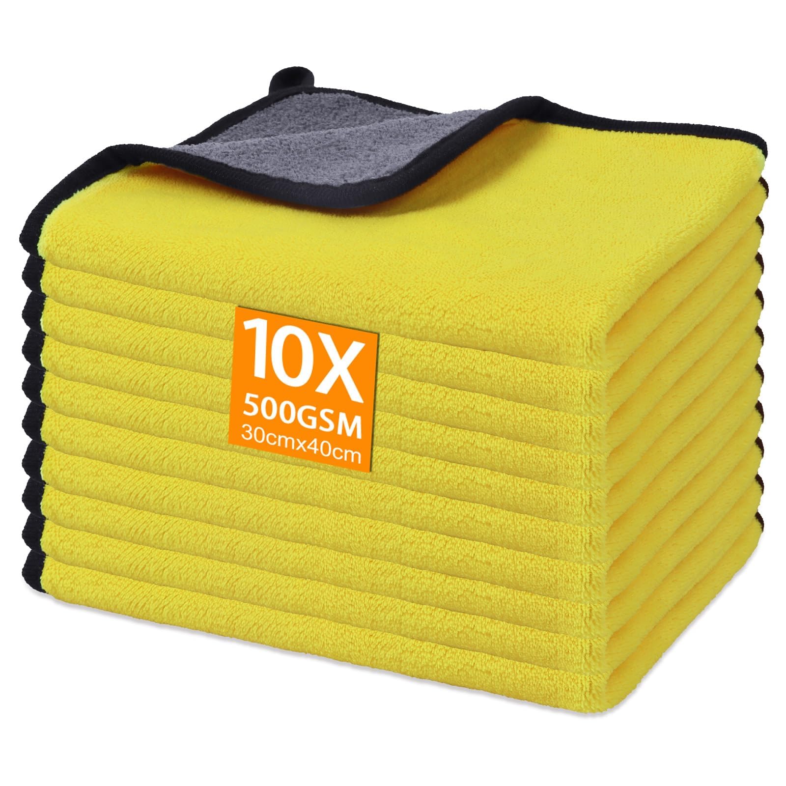 Gucass 10 Stück Mikrofasertücher Auto, 500 GSM Poliertuch Auto Trockentücher Extrem Saugstark, Fusselfreie Microfasertuch Reinigungstuch für Pflege von Motorrad Hause Küche, 30x40cm, Gelb