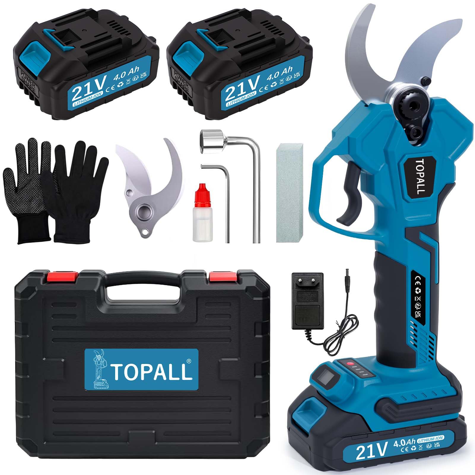 TOPALL Tijeras de Podar Electricas,40MM Tijeras de Podar Bateria, Profesionales Podadora Electrica con 2x4000mAh | 800W Motor Sin Escobillas | Pantalla LCD para Árboles,Huertos,Jardinería
