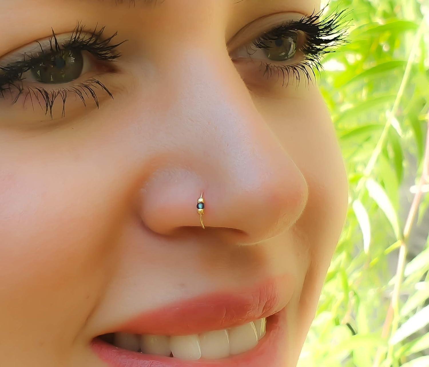Tiny Gold Nose Ring - Handmade 14k Gold Nose Piercing with a 2mm Blue Gem - Thin 24 Gauge 7mm Hoop - Comfortable Nose Piercings