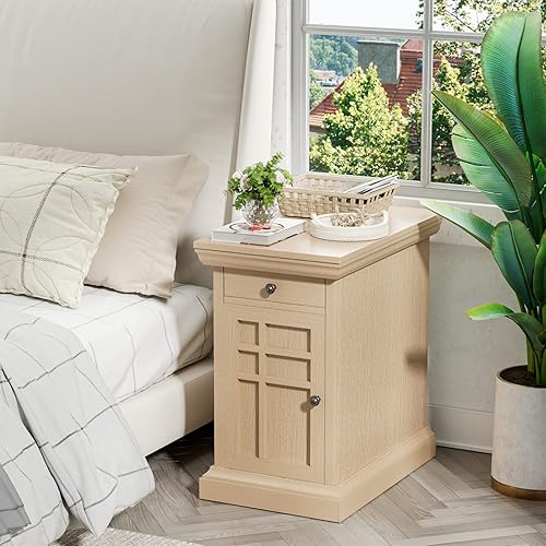 Miniatura 4 de JUMMICO Mesa auxiliar con cajón puertos USB y tomas de corriente mesa auxiliar con estación de carga mesita de noche estrecha con estante para