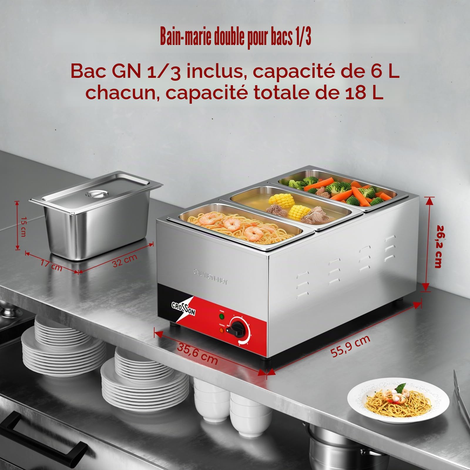 CROSSON Bain Marie Électrique Professionnel,1200W Bain Marie Électrique en Acier Inoxydable,3 x GN 1/3 Récipients avec Couvercle,Température Réglable 30°C - 85°C Chauffe-Buffet Chafing Dish