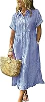 ebossy Women's Boho Striped Button-Up Shirt Dress with Pockets, Side Slit Loose Cotton Midi Dress