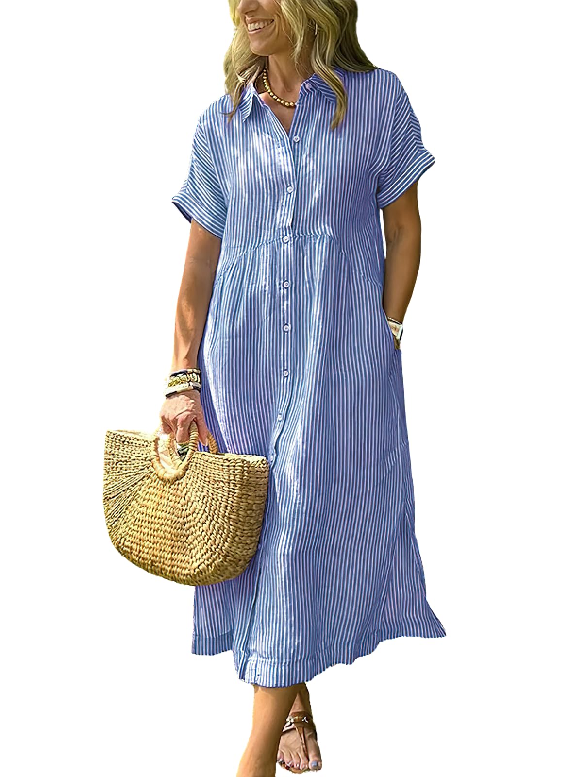 ebossy Womens Boho Striped Shirt Dress Button Up Side Slit Loose Mid Long Cotton Dress with Pockets