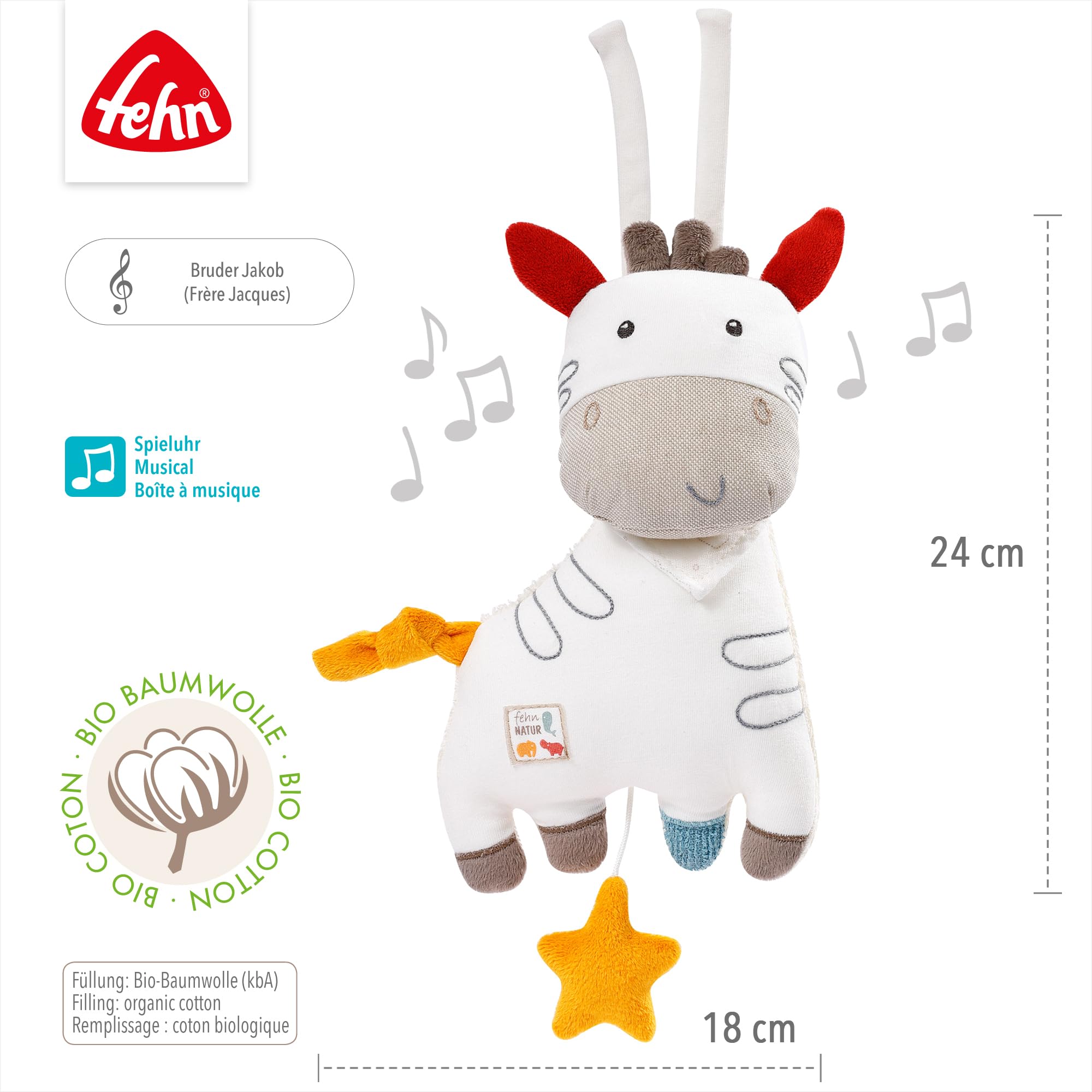 Fehn NATUR pozytywka dla niemowląt pomoc w zasypianiu Zebra - przytulanka z bawełny organicznej - pomoc w zasypianiu melodia "Bruder Jakob" - zabawka dla niemowląt w podróży i w domu - zabawka