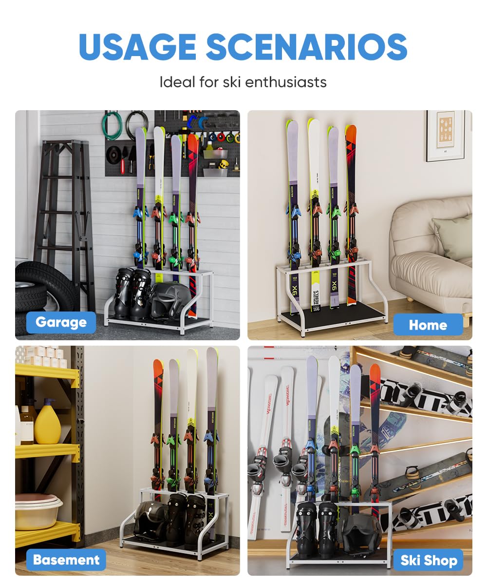 Mondazie Estante de almacenamiento de esquí para garaje, soporte de esquí independiente para 4 pares de esquís, botas, casco, gafas, soporte organizador de snowboard interior para el hogar, cobertizo
