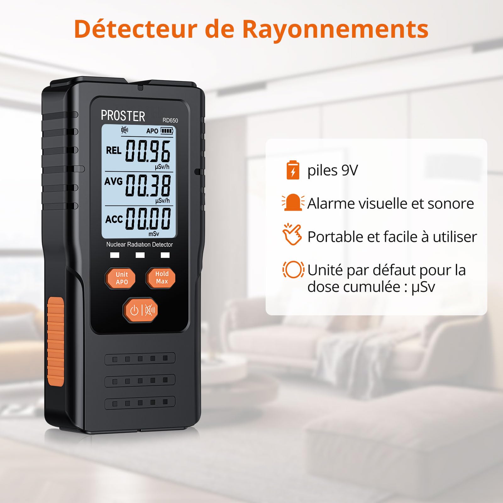 Proster Compteur Geiger Portable – Détecteur de rayons X, Gamma, Bêta avec Alarmes Sonore/Lumineuse, Écran Couleur HD 2.4", Dosimètre 0.00~9999µSv/h pour Maison, Laboratoire, Tests Environnementaux