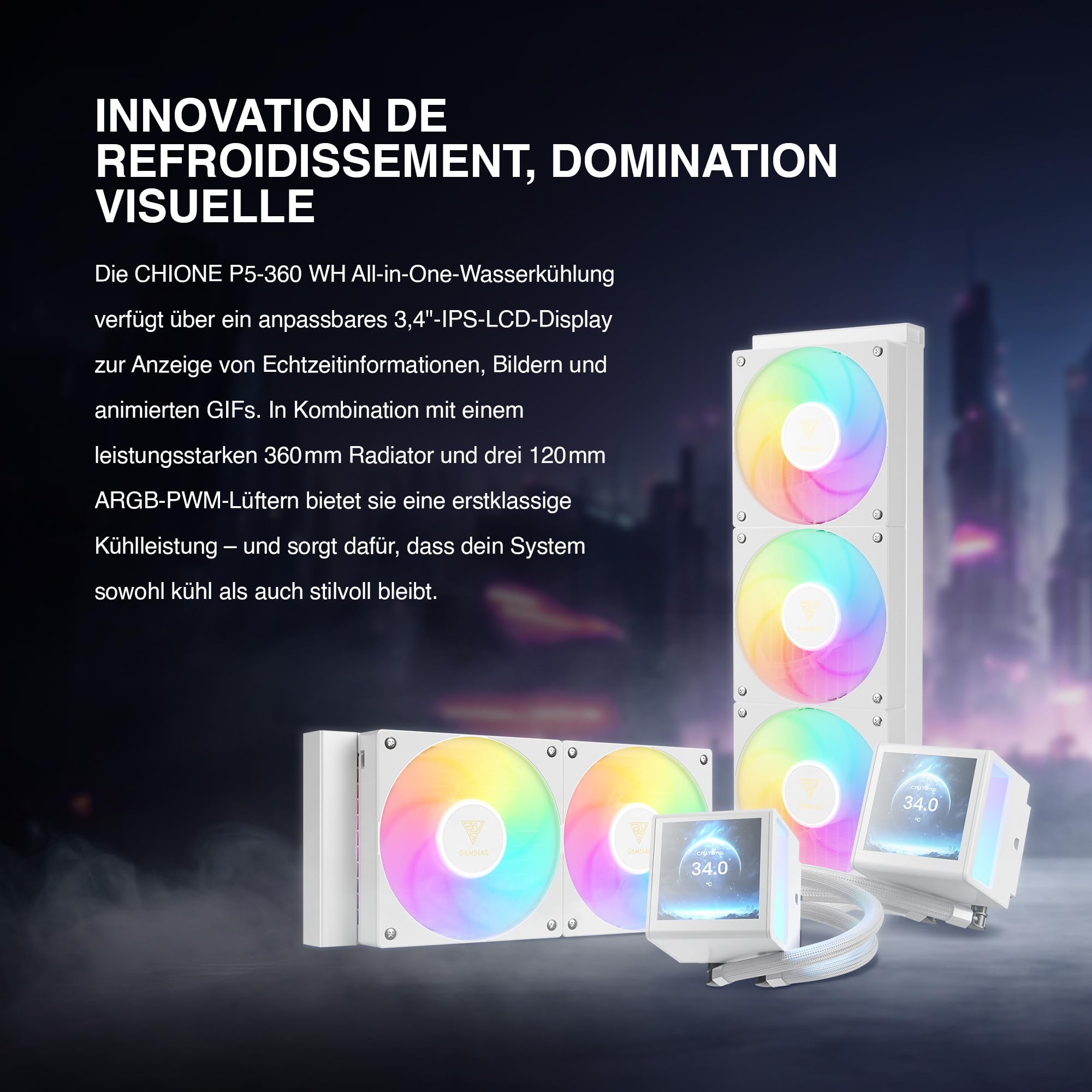 GAMDIAS CHIONE P5 360-mm-AIO-CPU-Wasserkühler, Drehbares Magnetisches 3,4-Zoll-IPS-LCD-Display, Anpassbare Software, Verstecktes Kabeldesign, ARGB-PWM-Lüfter, MB Sync, Intel LGA 1851, AMD AM5, Weiß