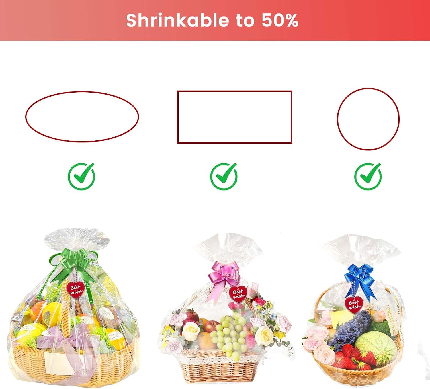 SNAIL GARDEN 32Pcs Shrink Wrap Bags for Gift Baskets - with Wrap Bags, Pull Bow, Tags, Heat Resistant Tape, 25.6×35.4in Extra Large Cellophane Bags, All-in-One Cellophane Gift Packaging Kit