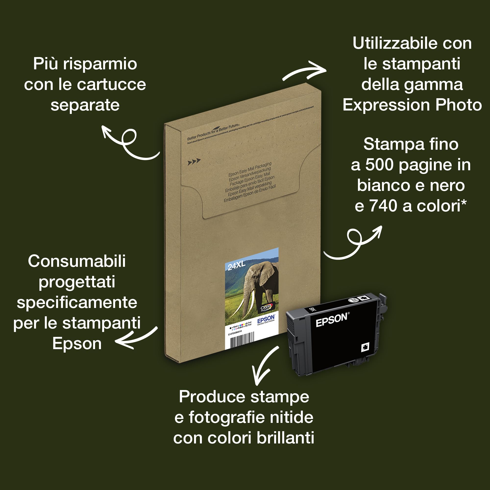 Epson 24 Serie Elefante, Cartucce originali per stampante getto dinchiostro Claria Photo HD, Formato XL, Multipack 6 ColoriNero,Ciano,Magenta,Giallo,Azzurro,Rosa,Confezione EasyMail Eco-compatibile