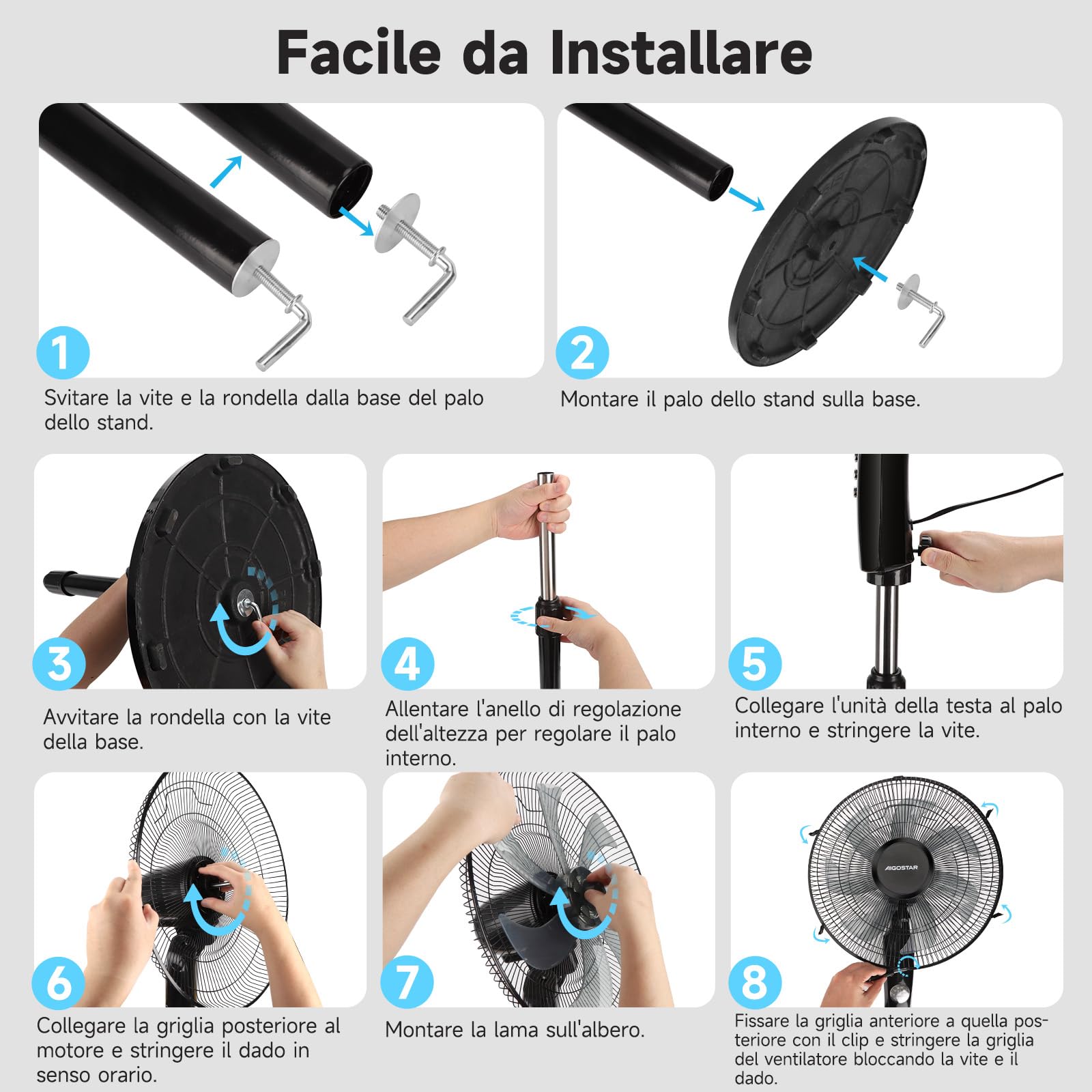Aigostar Ventilatore a Piantana Potente da 55W con Telecomando, 7 Pale Ventilatore Silenzioso, 3 Modalità e 3 Velocità, Oscillazione 70°, Altezza Regolabile fino a 140 cm, Base Rotonda, Nero