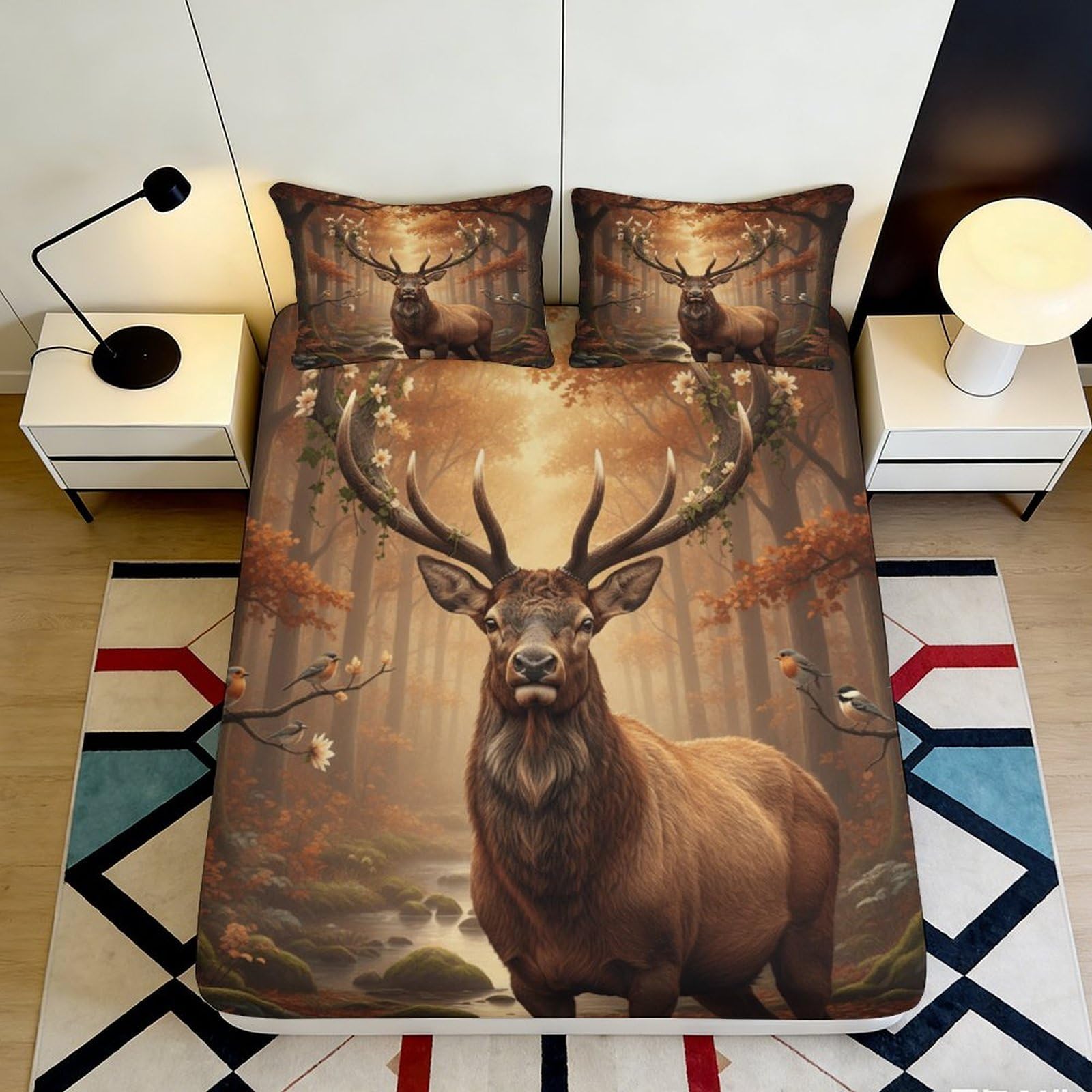 3D Printed Forest Deer Fitted Sheet Microfiber Soft Non-Slip Autumn Woodland Bed Cover for Bedroom Guest Room Dorm Decor 120x200x25cm