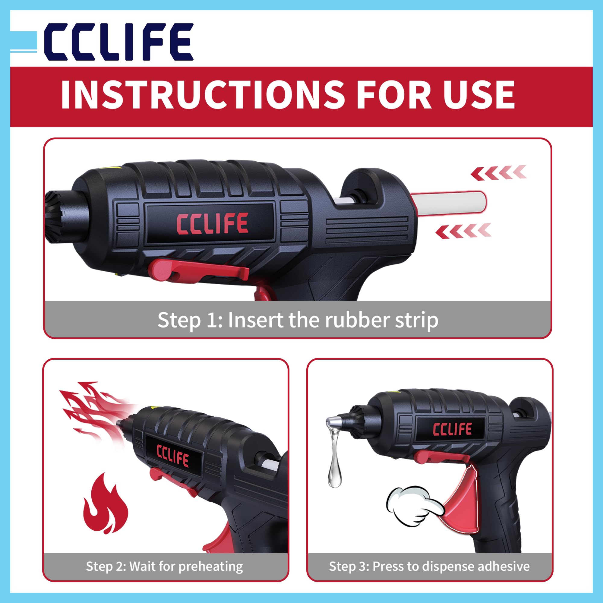 CCLIFE Pistola de pegamento caliente, 100 W, 30 barras de pegamento caliente | Válvula de goteo plegable, calentamiento de 3-5 minutos, 10-16 g/min, madera/plástico, cartón, bricolaje