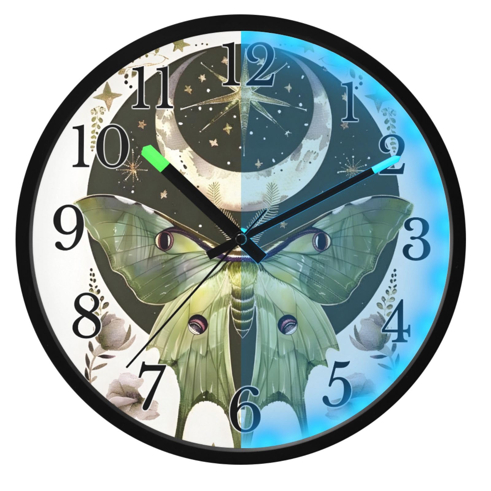 Mnsruu Reloj de pared luminoso con diseño de luna, polilla, luna, para dormitorio, funciona con pilas, silencioso, brilla en la oscuridad, para sala de estar, cocina, 30,5 cm