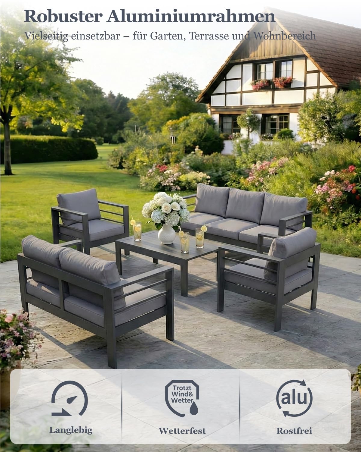 Atenza Aluminium Gartenmöbel Set Lounge Sitzgruppe 6-7 Personen | 5-teilige Outdoor Gartengarnitur mit WPC-Couchtisch, 12cm dicken Kissen & waschbaren Kissenbezügen für Terrasse & Balkon