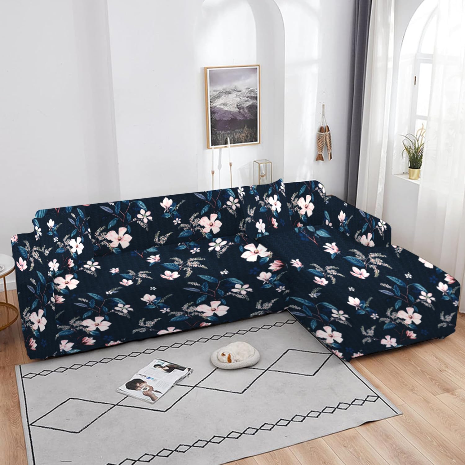 Lukzer L-Shaped Sofa Cover - Navy Blue Flower -1