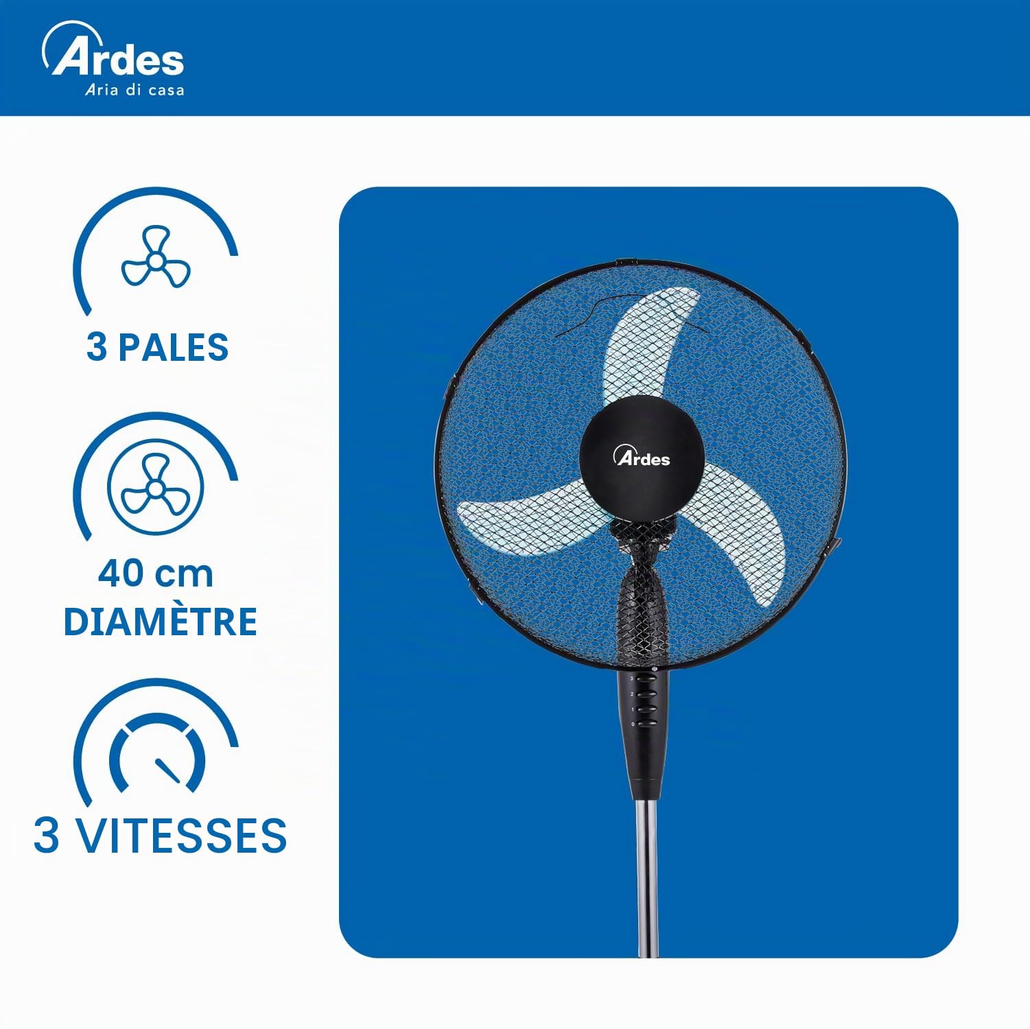 ARDES - AR5AM40P Ventilateur sur pied Puissant et silencieux, 3 pales de 40 cm, oscillant, réglable en hauteur et en inclinaison Ventilateur sur pied Ardes 3 Vitesses Penny