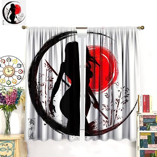 Miniatura 3 de Cortina japonesa de anime samurái femenino Janpan Warrior pintura de tinta para niños y hombres, decoración de habitación, con bolsillo para barra,