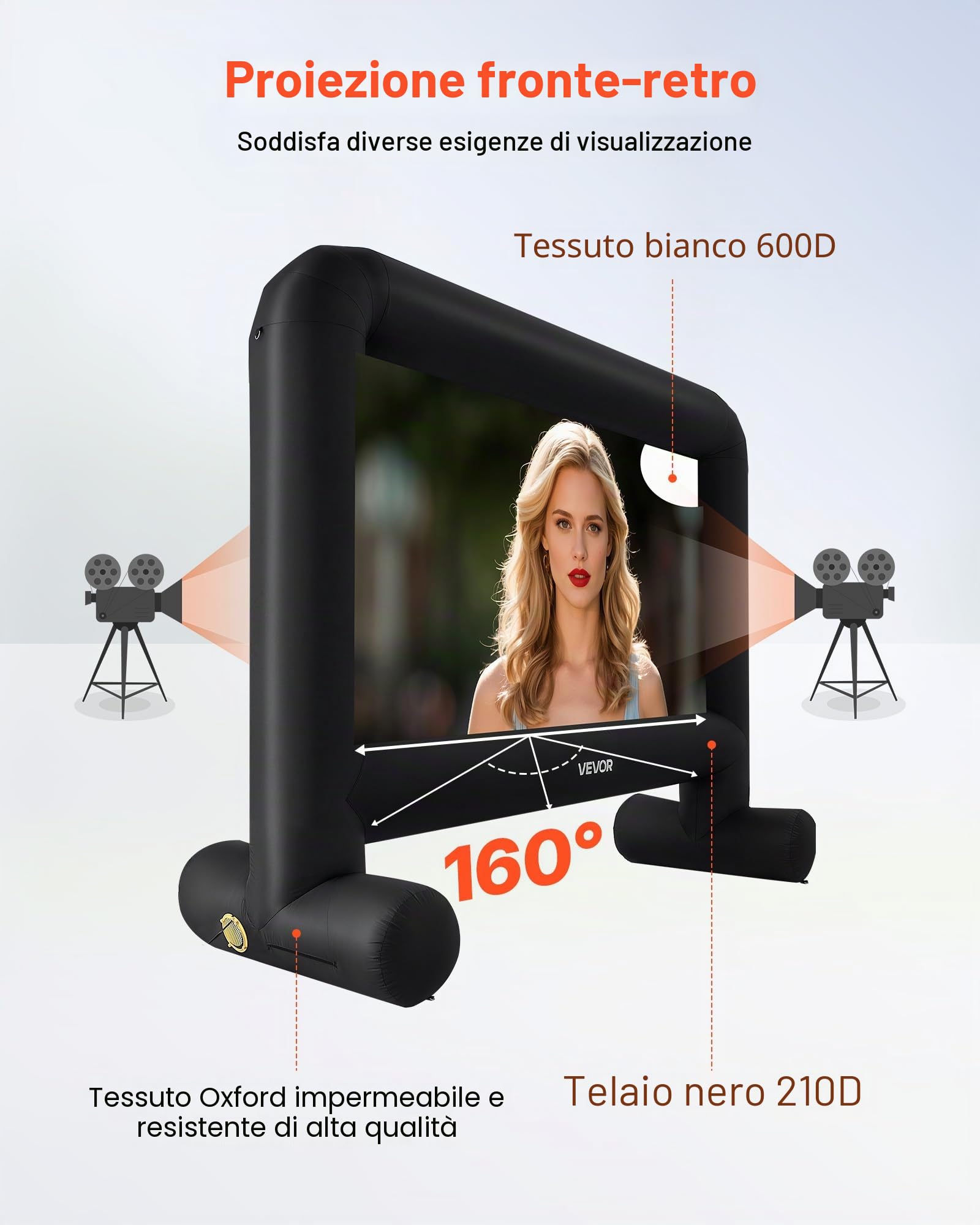 VEVOR Schermo Cinematografico Gonfiabile 3540 x 1300 x 2900 mm Schermo Gonfiabile per Proiezione Lavabile in 600D con Borsa Portatile, Proiettore Cinematografico 16:9, per Esterni, Feste a Tema