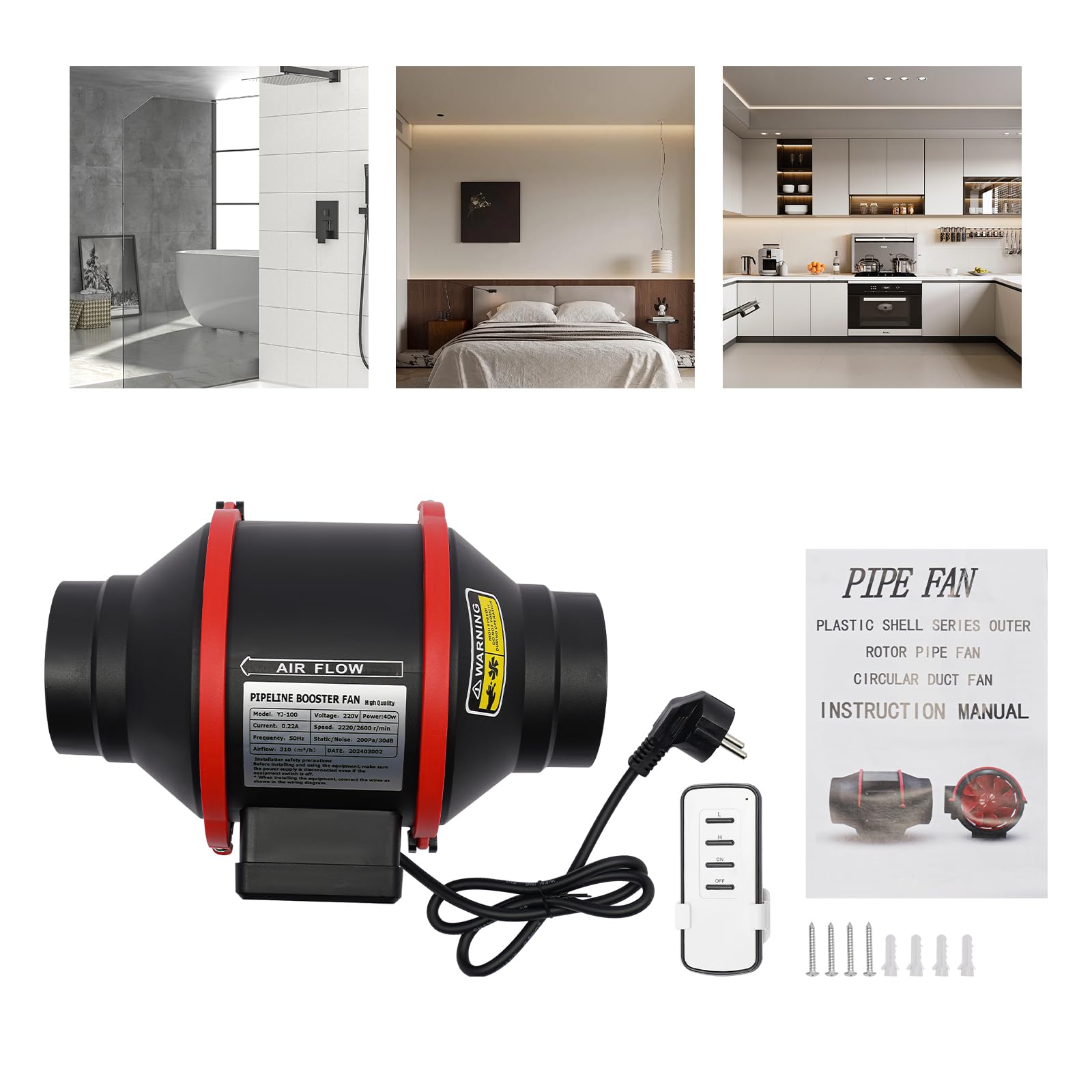 Wentylator rurowy 40 W, 220 V, wentylator rurowy 100 mm, 310 m³/h, wentylator łazienkowy, nadaje się do wentylacji i oczyszczania powietrza w garażu, biurze, sypialni itp. (czarny)