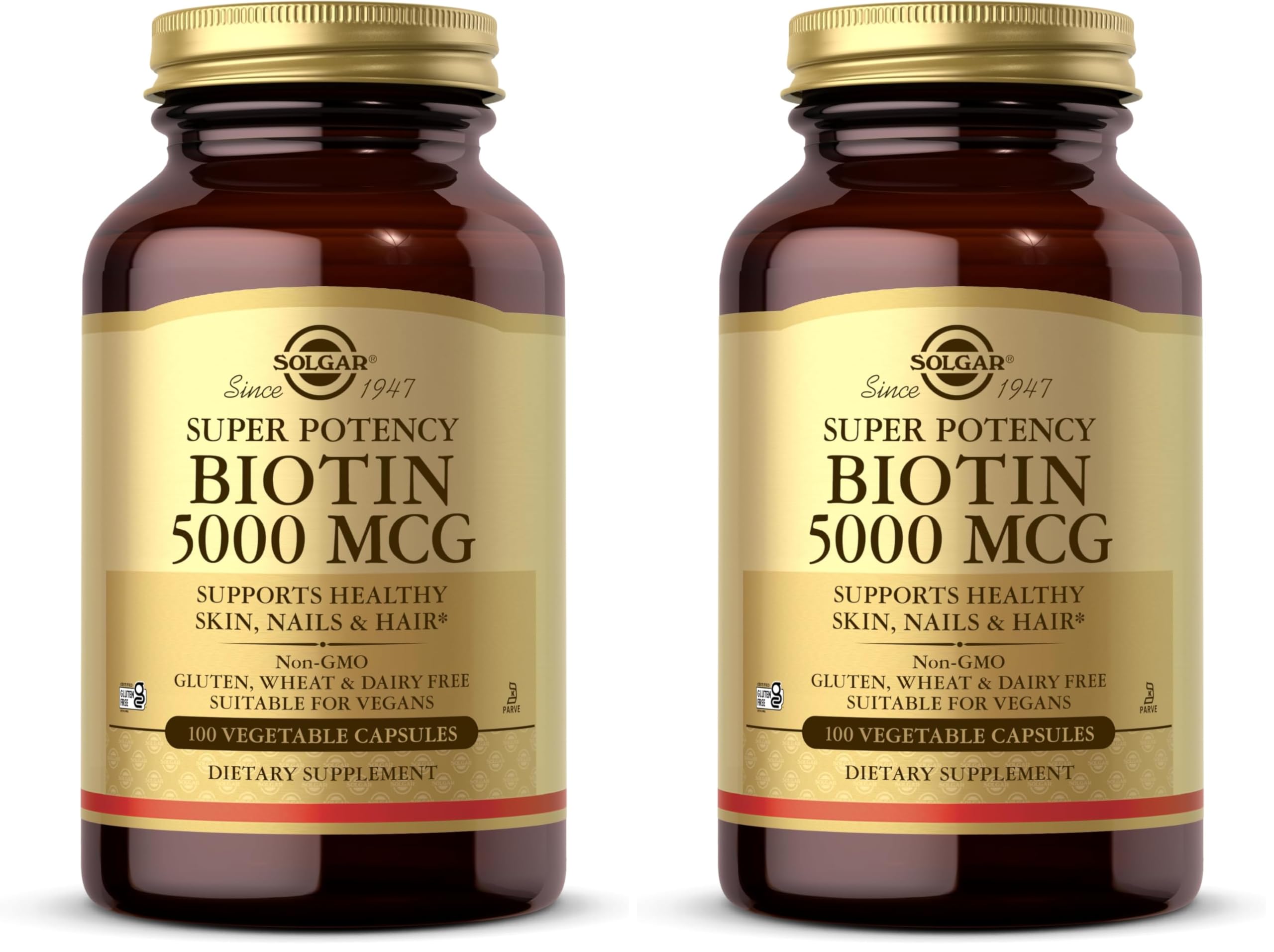 Solgar Biotin 5000 mcg,100 Veg Caps-Promote Healthy Skin,Nails&Hair-Supports Energy Production,Protein,Carbohydrate&Fat Metabolism-Vitamin B-Non GMO,Vegan,Gluten Free-100 Servings,(Pack of 2) Unflavored 100 Count (Pack of 2)