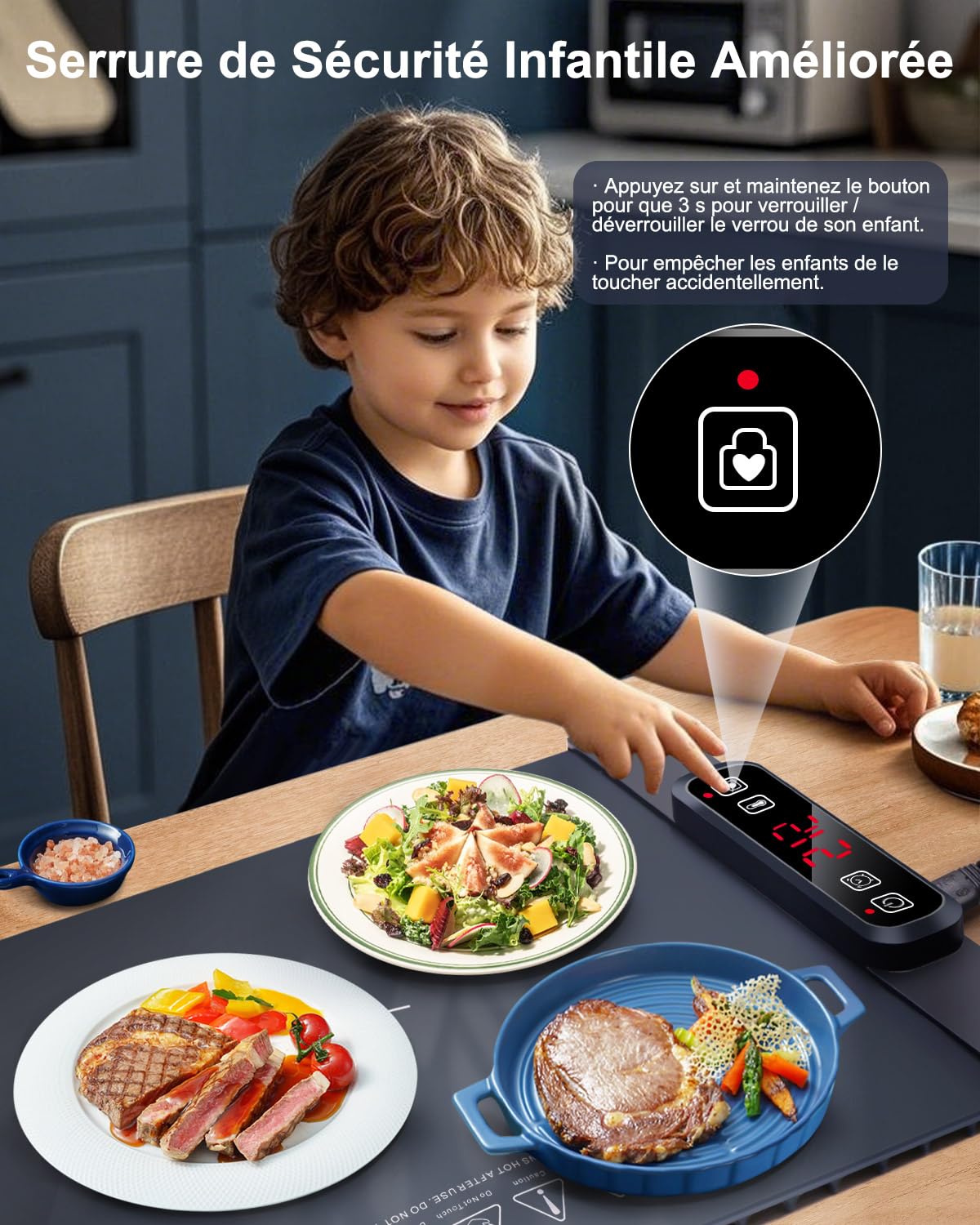 AUTOPkio Chauffe Plat Électrique, Plaque Chauffante Pliable avec 5 Température & 4 Timing Auto-Off Verrouillage Enfants Chauffe Assiette pour Buffets Fête Décongélation