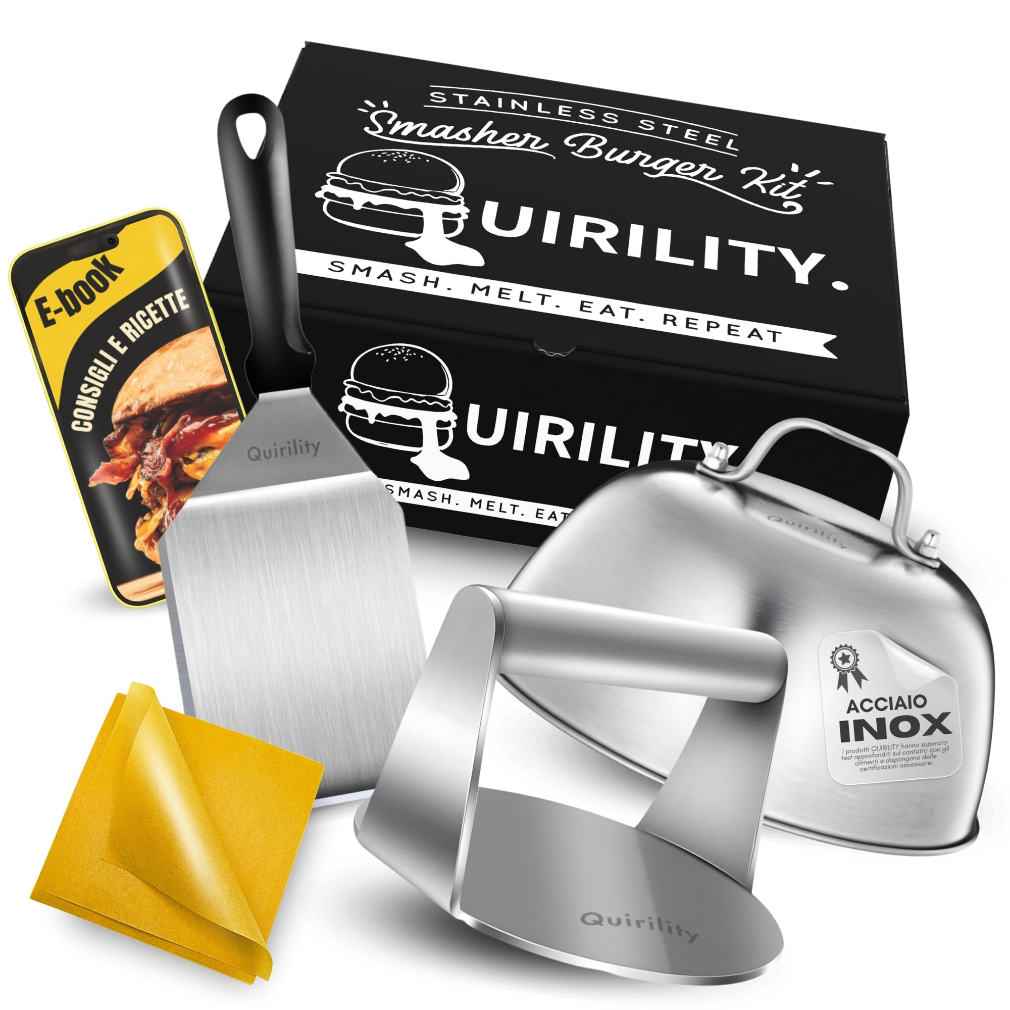 Smash Burger Kit - Kit Professionale in Acciaio Inossidabile con Certificato EU Contatto Alimentare - Pressa per Hamburger - Smash Burger Press - Schiaccia Hamburger (PRO (3 Pezzi))