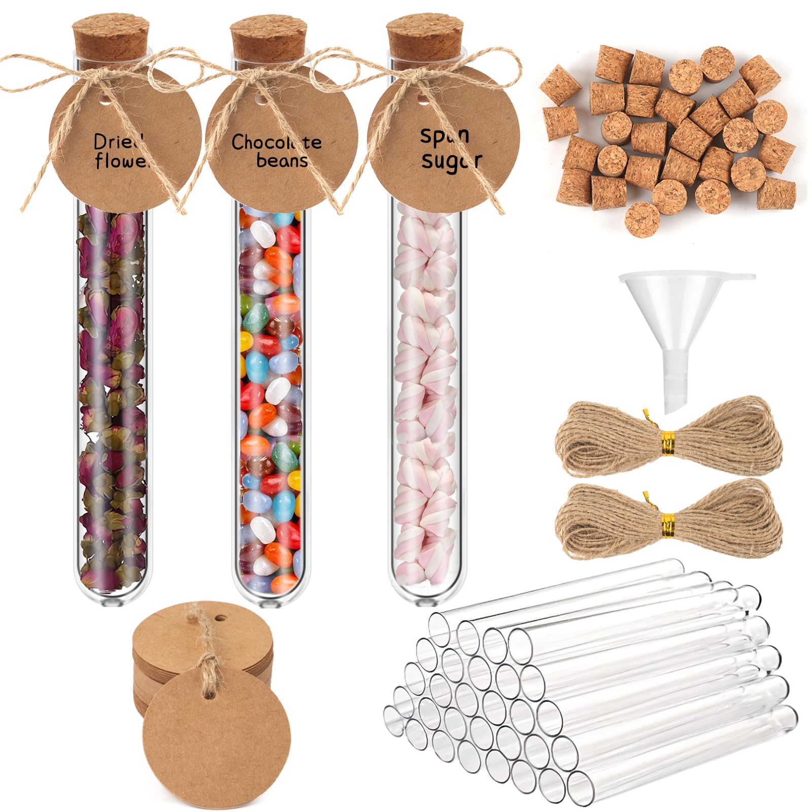 Pack of 30 Test Tubes with Corks, 16 x 100 mm Test Tube Plastic, Transparent Test Tubes with 50 Pieces Kraft Paper Tags, 20 m Hemp Rope and 1 Funnel for Liquids Sweets Spices Wedding Decoration-image-2