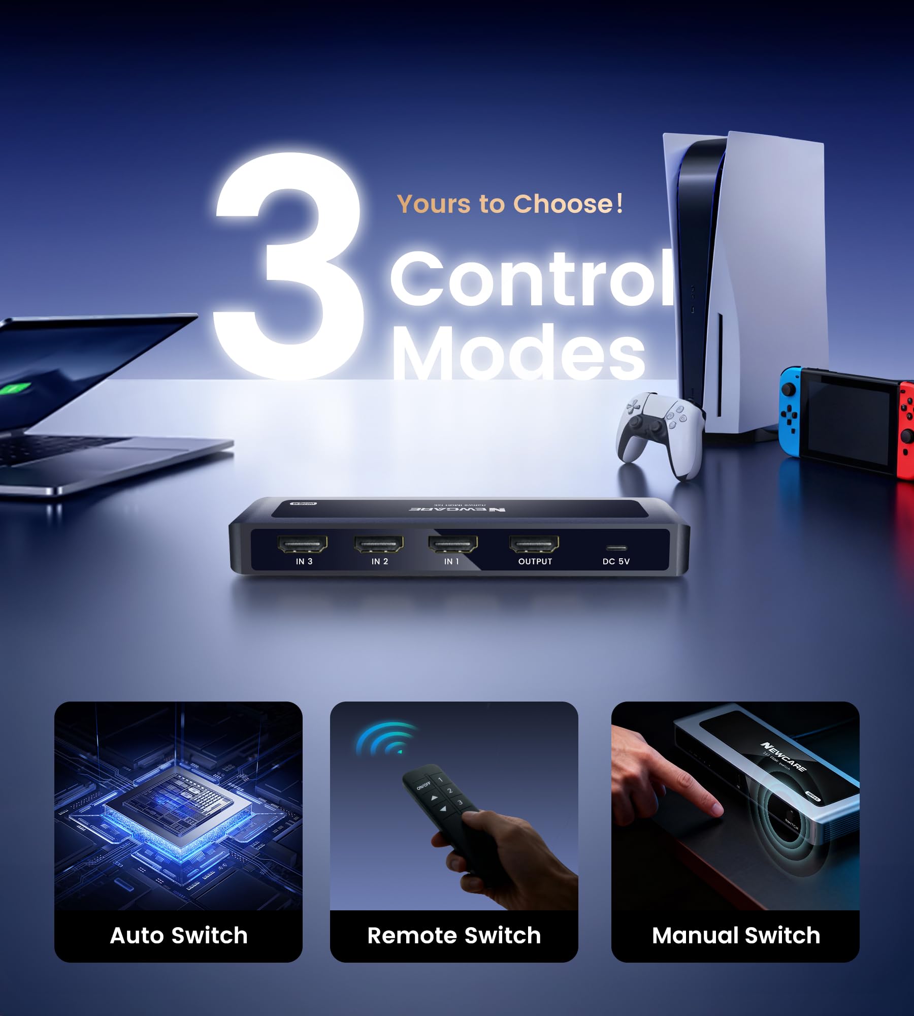 NEWCARE 8K HDMI Switch 3 wejścia 1 wyjście, 4K@120Hz aluminiowy przełącznik HDMI 3 wejścia 1 wyjście z pilotem, 3 porty HDMI Switcher Obsługuje 8K@60Hz 48Gbps HDR10+ VRR