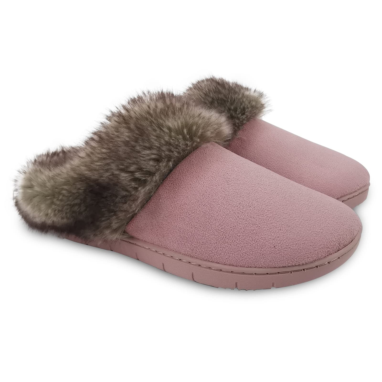 Womens Winter Warm Moccasins Suede Faux Fur Mule Slippers Furry House Shoes Memory Foam Hard Soled for Indoor Outdoor