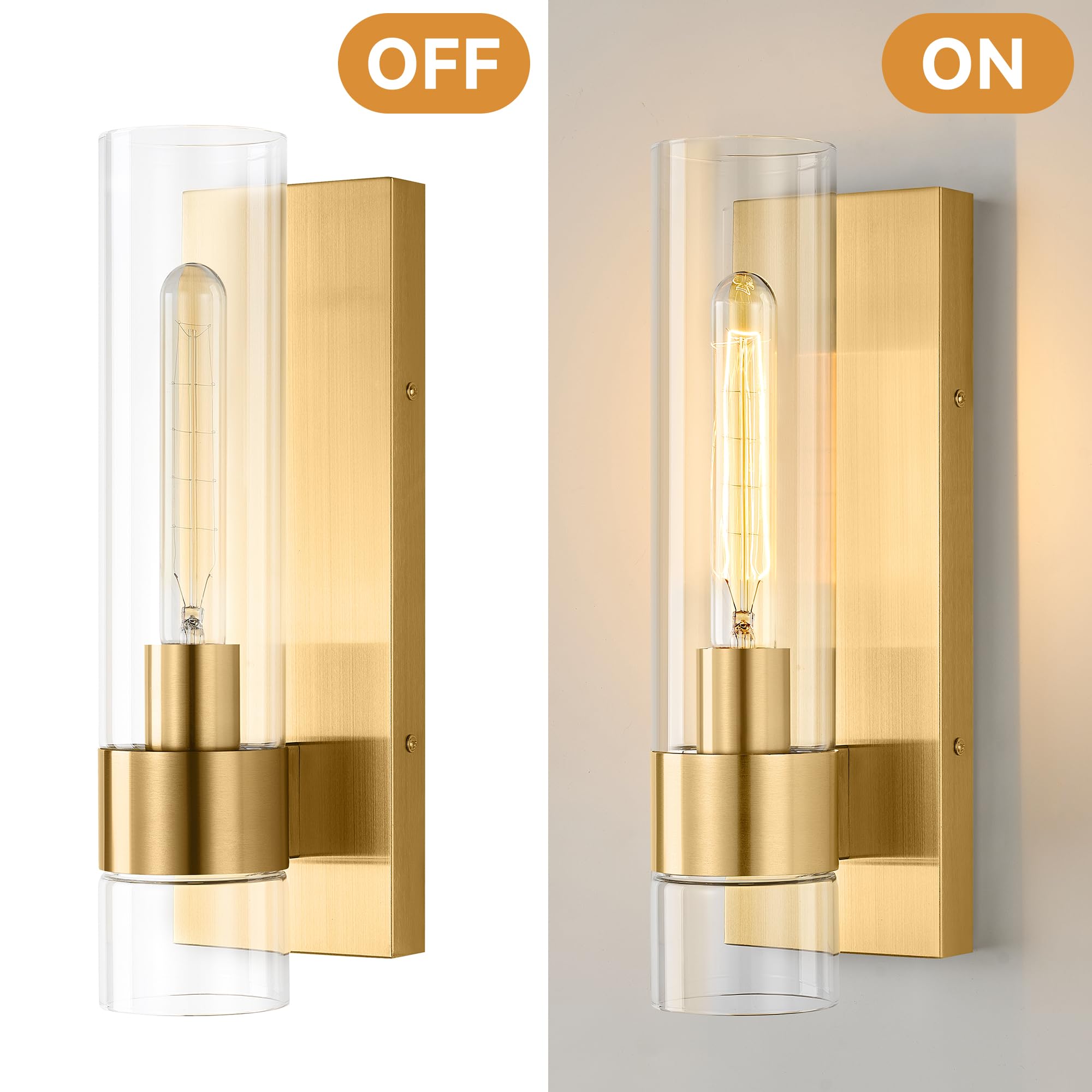 Juego de 2 apliques de pared dorados, modernos apliques de baño, iluminación de pared con vidrio transparente, apliques de baño, juego de 2, apliques de pared interiores para baño, sala de 9